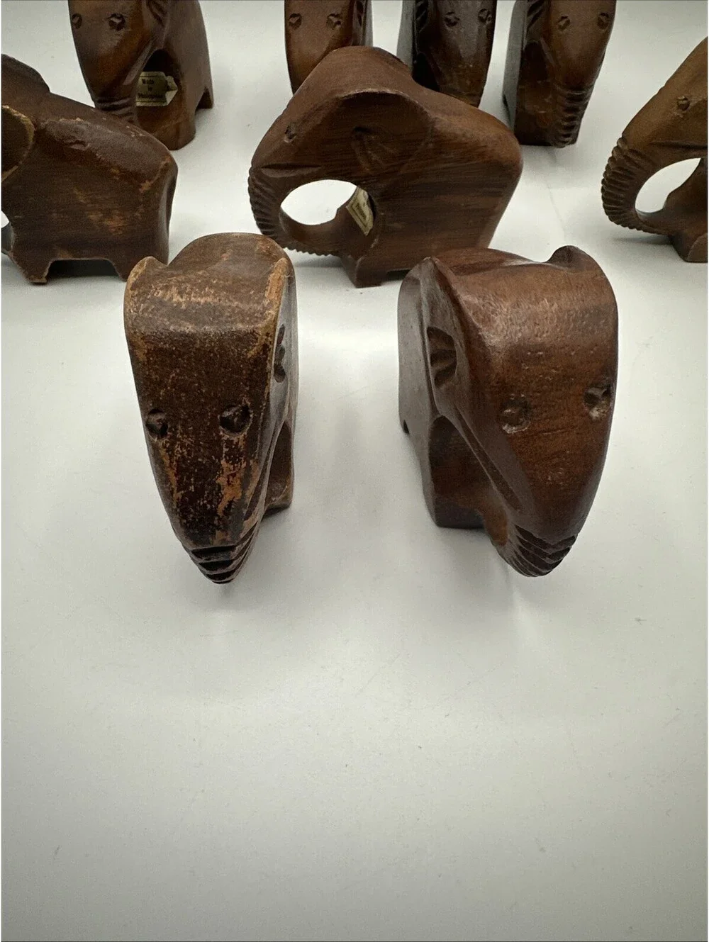 VTG Set of 9 Carved Wooden Elephant Napkin Rings Made in Philippines